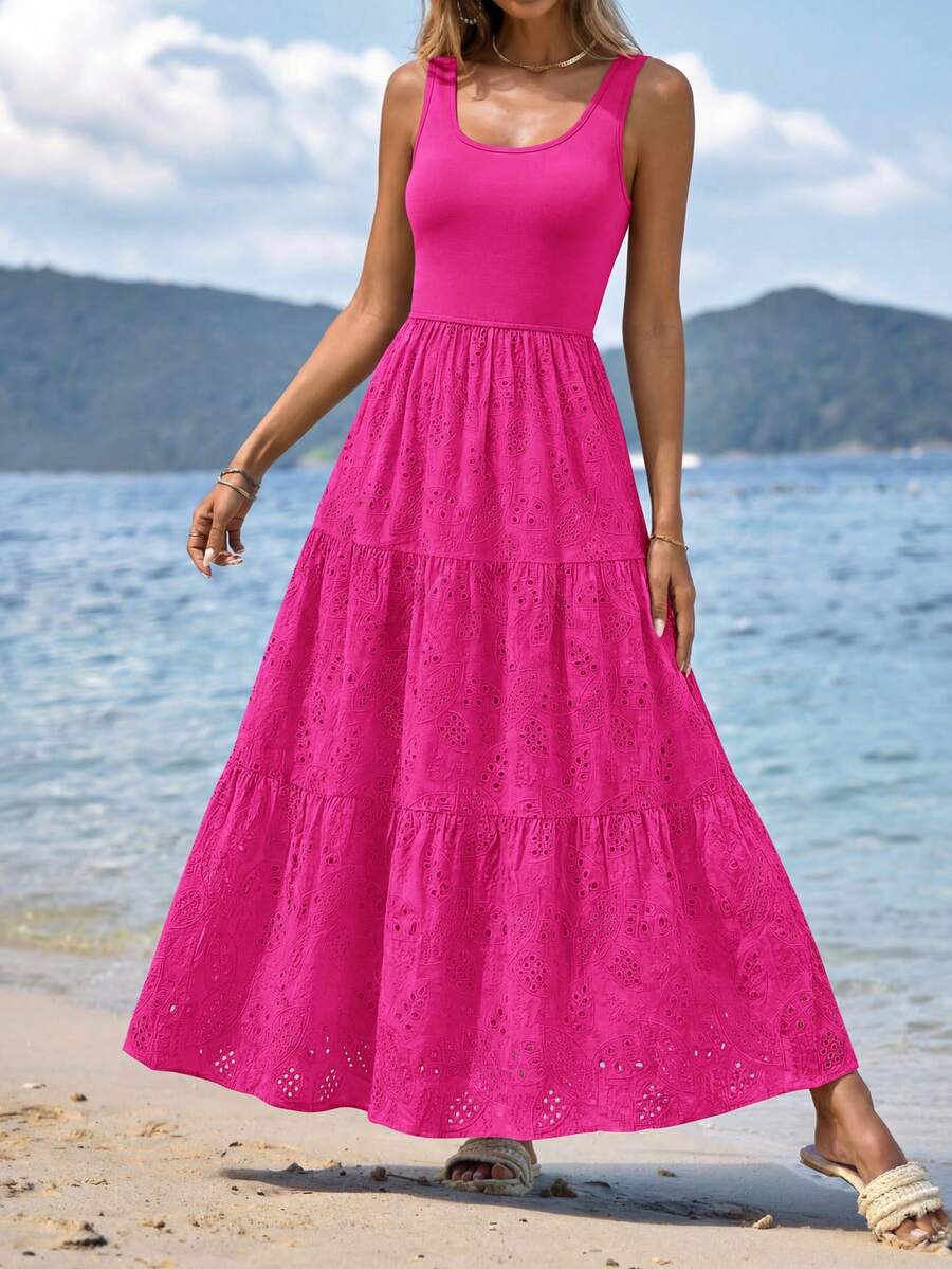 Women Summer Sleeveless High Waist Patchwork Eyelet A-Line Flowy Tiered Long Maxi Dress Spring Vacation Holiday Beach Wedding Guest Dress Outfits - 玫紅色 - 查看 1