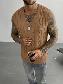 Men's V-Neck Knit Vest Solid Color Sweater, Casual Versatile Everyday Wear - Camel - View 3