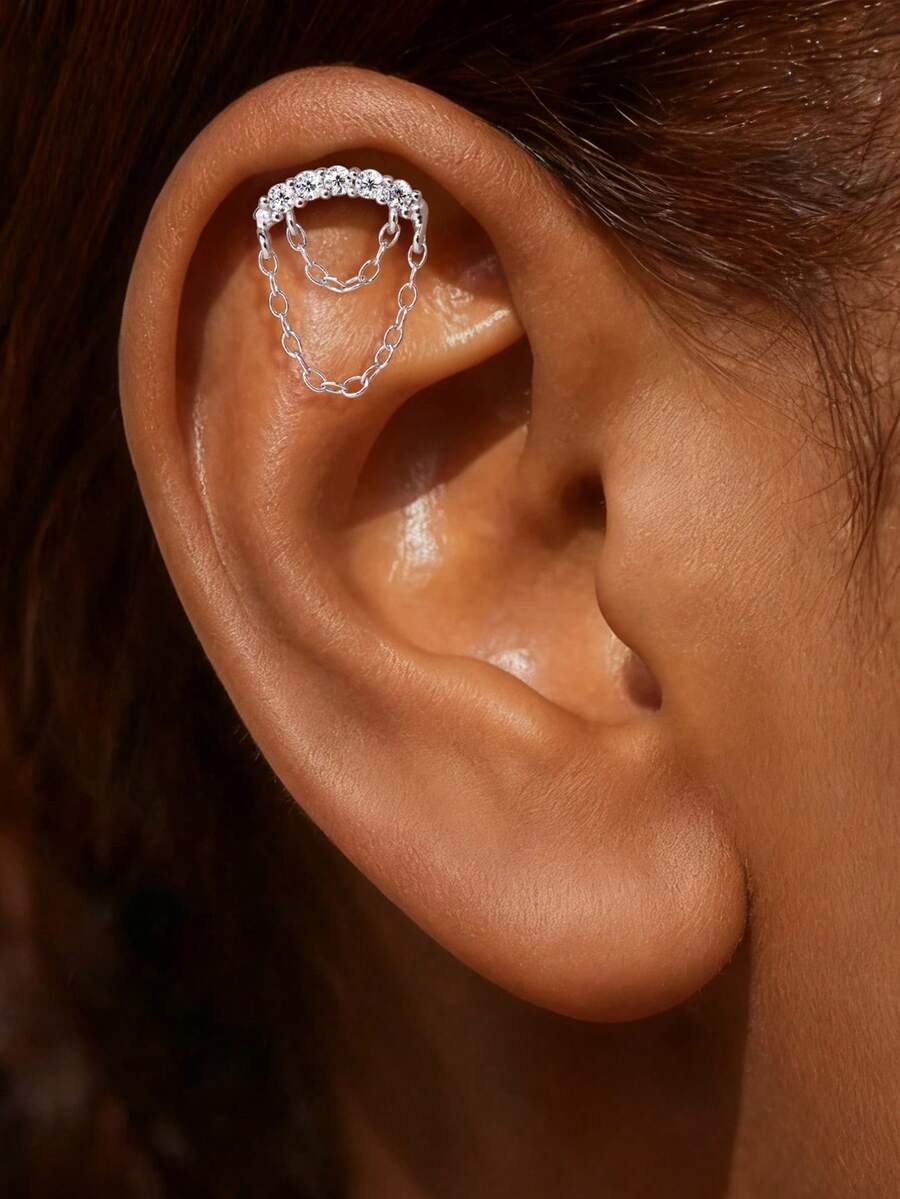 1Pc Dainty Edgy 925 Sterling Silver Chain Tassel Moissanite Pave Flat Back Threaded Cartilage Piercing Earring, Hypoallergenic Stud Jewelry Gift For Women Girls Daily Wear Party Wedding Season - Silver - View 1