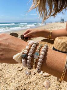 4pcs Boho Beaded Bracelet Set For Women, Hamsa Hand Evil Eye Charm, Summer Beach Vacation Jewelry - Beige - View 1