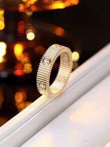 1 Set Minimalist Striped Micro-Inlaid Zirconia Bracelet & Ring Set, Luxury Niche Design Delicate Jewelry Accessories - Bracelet Ring Set - View 5