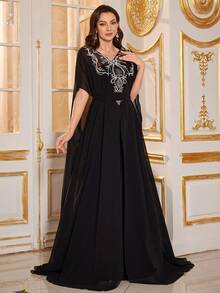 SUPGIR Women's V-Neck Batwing Sleeve Luxury Bead Sequin Stitching Two Pieces Maxi Chiffon Formal Evening Dress - Black - View 5