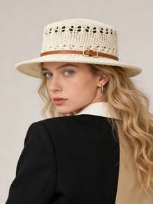 1pc Women's Straw Woven Hat, Bohemian Fashion Hollow Crochet Straw Hat With Leather Belt Buckle, Breathable Beach Hat Suitable For Daily Outdoor Use,Holiday,Travel - MZ3080+ML48 - View 1