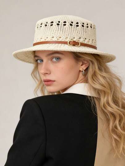 1pc Women's Straw Hat, Bohemian Fashion Hollow Crochet Straw Hat, British Belt Buckle Breathable Beach Hat, Suitable For Daily Outdoor Use