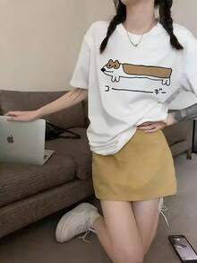 日系女式宽松休闲圆领卡通腊肠犬印花短袖T恤，春夏款 白色 - 白色 - 查看 3