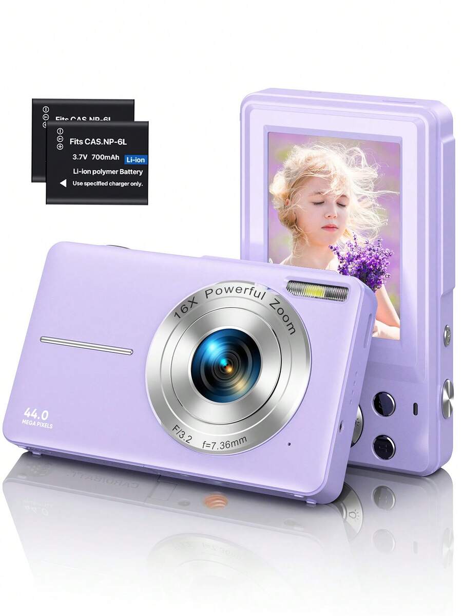 Nicamery 44MP 1080P FHD 青少年紧凑型数码相机，16 倍变焦，32GB SD 卡，2 块电池，挂绳 - 理想的初学者相机礼物 - 紫色 - 查看 1