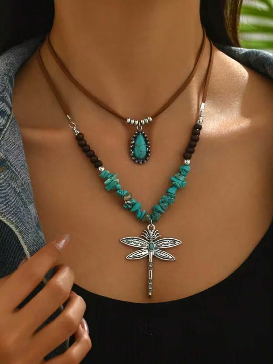 2pcs Bohemian Style Women's Fashion Pendant Necklace, Asymmetrical Stone Inlaid Wooden Bead Chain With Dragonfly Decor, PU Leather Material, Suitable For Festivals, Parties And Casual Outfits - Silver - View 1