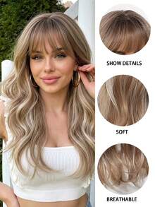 Tóc giả xoăn dài 20 inch màu nâu ombre có mái, kiểu dáng thanh lịch và thời trang dành cho nữ, tóc giả tổng hợp chịu nhiệt được sản xuất bằng máy, phù hợp cho cả sử dụng hàng ngày và các dịp lễ hội, món quà lý tưởng cho các cô gái trong dịp lễ. - Màu nâu ombre - Xem 8