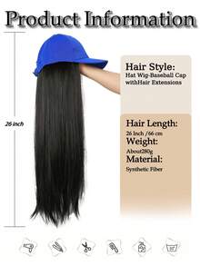 Women's 26-Inch Long Straight Hair With Adjustable Blue Baseball Cap, Natural And Realistic, Suitable For Women. - Black - View 6