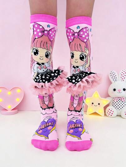 A Pair Of Knee-Length Socks For Kids, Featuring Cute Cartoon Girl Designs And Three-Dimensional Skirt Decorations.All-Season Wear Crazy Socks Funny Socks For Carnival, Party, Music Festival, Mother's Day, Vacation, Graduation Season Back To School, Wedding, Cosplay, Outdoor Activities & Daily Wear – Great Gift Choice
