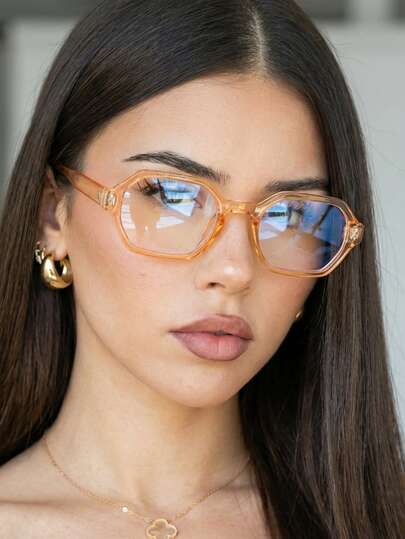 1 Pair Women's Transparent Tea-Colored Polygonal PC Frame Retro Minimalist Solid Color Full-Frame Personalized Eyeglasses