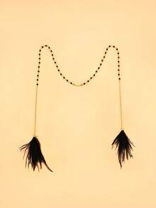 1pc Gold Party Outfit Black Beaded Face Chain, Black Feather Tassel Nose Ring Clip-On Accessory - Gold - View 3