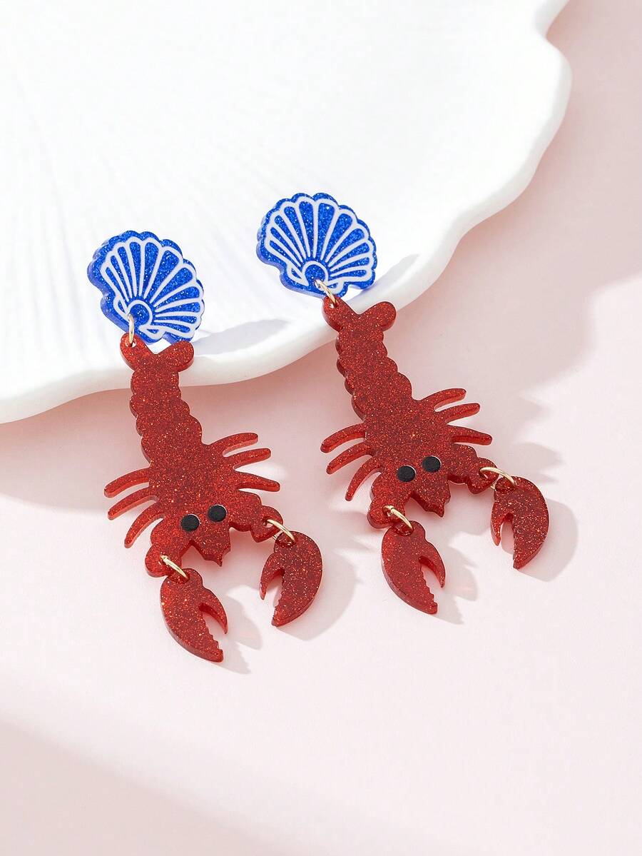 1 Pair Beach Vacation Shell & Lobster Design Fashion Jewelry Earrings, Suitable For Summer Party And Daily Outfit - Red - View 1