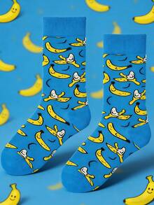 1双男女通用趣味香蕉印花中筒袜，水果图案透气吸湿袜，适合春夏穿着 - 彩色 - 查看 4