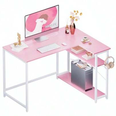 43 Inch L Shaped Computer Desk With Reversible Side Storage Shelves Small Corner Desk For Small Space Home Office Writing Study Table PC Desk For Bedroom Pink With White Leg