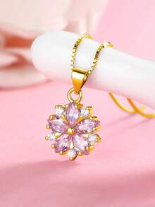 S925 Sterling Silver Sakura Flower Earrings & Necklace Set, Cubic Zirconia Inlaid Delicate Jewelry Gift Box - Multicolor - View 3