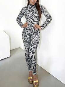 DOUCIU Leopard Print Long Sleeve O-Neck Slim Jumpsuit Party Night Club Event Outfit - Grey - View 1
