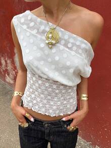 新款优雅波点提花不对称领无袖修身上衣，适合约会、度假和学校活动，白色，夏季款 - 白色 - 查看 3