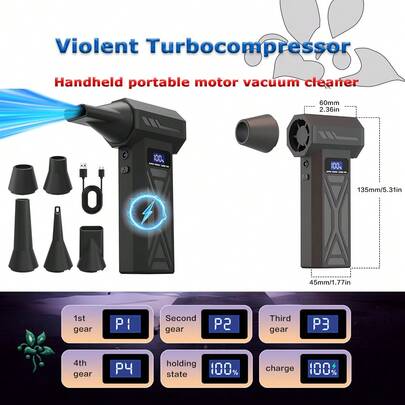 Soplador de aire potente de 110,000 RPM con 4 niveles de ajuste, soplador de chorro turbo con luz LED, indicador de batería, soplador de aire comprimido inalámbrico