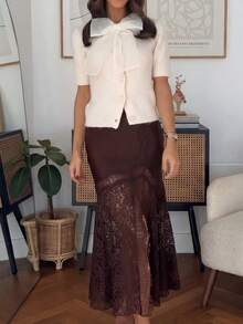 Gonna mini in raso con inserti in pizzo, con zip e design traforato, elegante e chic, adatta alla primavera per le donne - Castano - Visualizzare 5
