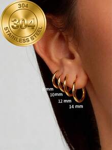 8pcs Solid Stainless Steel Round Hoop Earrings Set, Unisex, Stackable, 18K Gold Plated Mini Cartilage Hoops - Gold - View 1