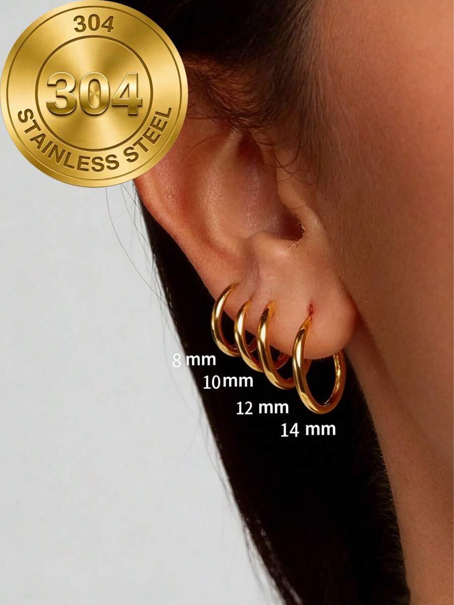 8pcs Solid Stainless Steel Round Hoop Earrings Set, Unisex, Stackable, 18K Gold Plated Mini Cartilage Hoops - Gold - View 1