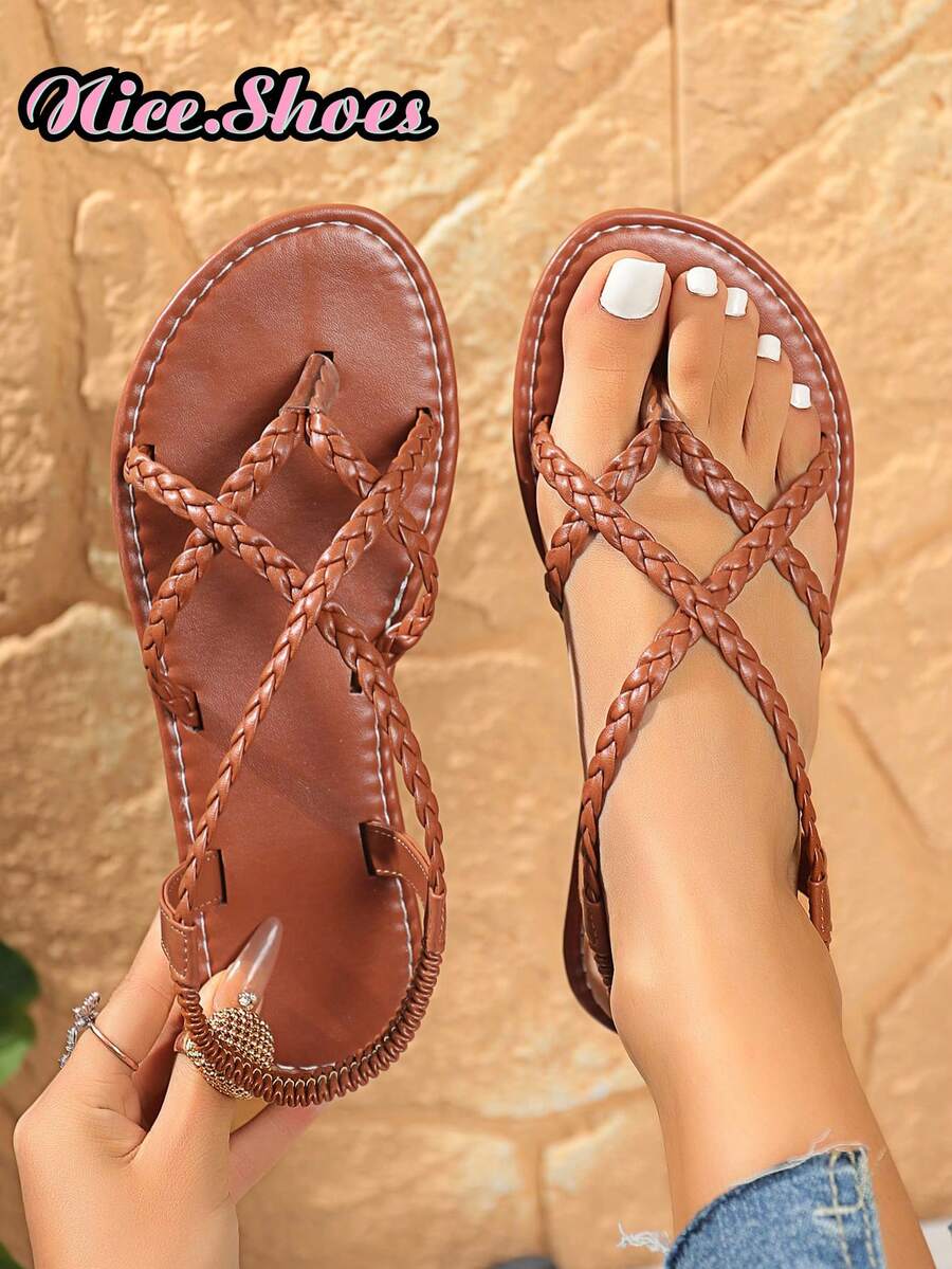 女士新款编织平底凉鞋，黑色/棕色/白色，人字拖鞋，纯色露趾防滑拖鞋，室内外穿着，时尚日常休闲平底沙滩鞋，波西米亚交叉带平底凉鞋，舒适轻便镂空露趾平底鞋，高帮罗马凉鞋，金色/黑色平底凉鞋，沙滩鞋