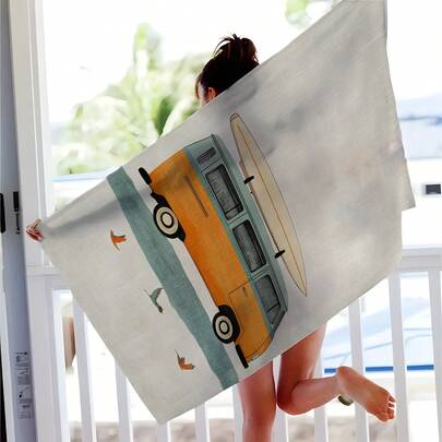 1条巴士图案沙滩巾，柔软舒适轻便，适合旅行、游泳、潜水、冲浪、瑜伽、露营等各种场合，是沙滩必备用品。