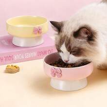 Bát ăn và uống nước cho mèo bằng gốm sứ có chân đế, kèm nơ xinh xắn, bộ bát ăn và uống nước nghiêng cho mèo, bát đựng thức ăn cho thú cưng là mèo. - 150-250ml - Xem 1