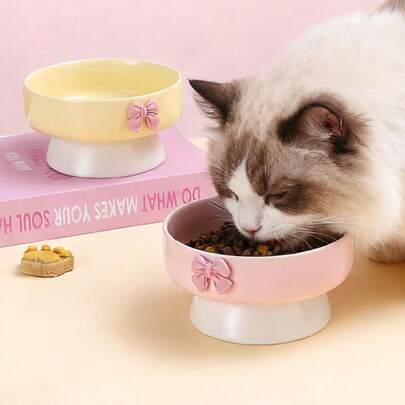 Bát ăn và uống nước cho mèo bằng gốm sứ có chân đế, kèm nơ xinh xắn, bộ bát ăn và uống nước nghiêng cho mèo, bát đựng thức ăn cho thú cưng là mèo.