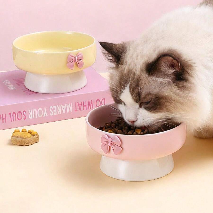 Bát ăn và uống nước cho mèo bằng gốm sứ có chân đế, kèm nơ xinh xắn, bộ bát ăn và uống nước nghiêng cho mèo, bát đựng thức ăn cho thú cưng là mèo. - 150-250ml - Xem 1