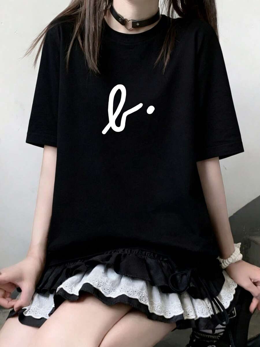 新款夏季 Z 世代 Y2K 风格女式上衣，简约日文文字印花圆领短袖 T 恤，休闲黑色 - 黑色 - 查看 1