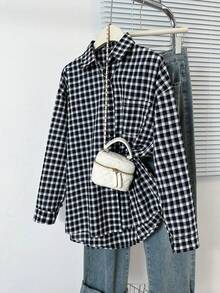 复古格子长袖衬衫，POLO领设计，宽松显瘦开衫上衣 - 黑格子 - 查看 7