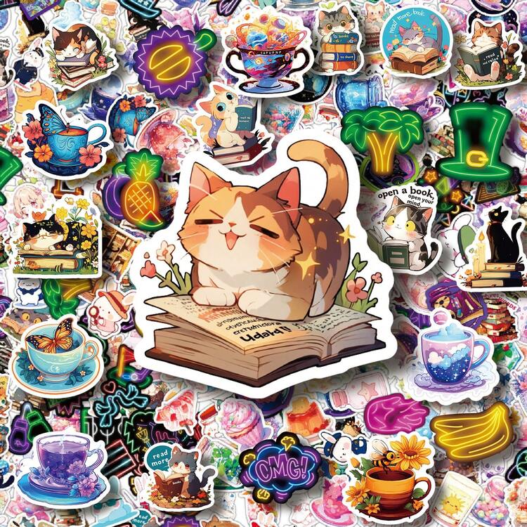 300 PCS Random Mixed Vinyl Stickers – Neon Stickers Waterproof Assorted Decals With Cute Cats, Bunnies, Books, Tea Cups And Whimsical Cartoon Designs For Laptops, Water Bottles, Journals, Phone Cases, Scrapbooks, Planners, Luggage And Gift Wrapping, Ideal For Book Lovers, Animal Enthusiasts And Anyone Who Appreciates Playful, Cozy Personalization, Durable And Easy-To-Peel Stickers For Customizing Daily Essentials - C - View 5