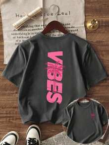 Women's Minimalist Coconut Tree Slogan Print Casual Round Neck Short Sleeve T-Shirt, Simple & Versatile, Suitable For Daily & Holiday Wear.Graphic Tee, Women, White, Black, Pink Summer VacationCasual Daily Wear, Pefert For Summer Vacation Outfits - 深灰色 - 查看 2