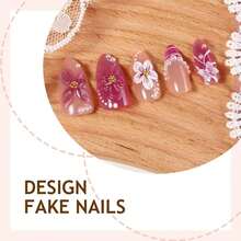 Spring Press On Nails Medium Almond Fake Nails Full Cover False Nails With Pink Flower Designs Acrylic Nail Press Ons Reusable Stick On Nails Glossy Pearl Glue On Nails For Women 24Pcs - nails09 - 查看 3