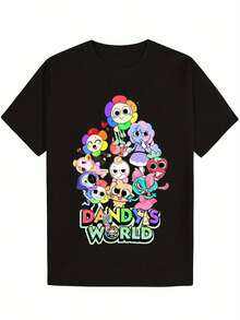 Dandy World Men's Pure Cotton T-Shirt, Soft And Comfortable Round-Neck T-Shirt With Bright Cartoon Prints, Perfect For Casual Wear, 220 Grams - 黑色 - 查看 2