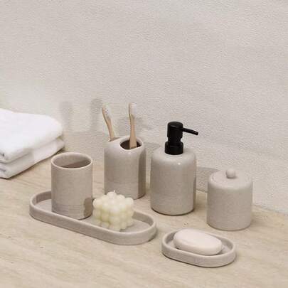1pc Resin Bathroom Accessory Set, Bathroom Accessories,Bathroom Set,Toothbrush Holder, Soap Dispenser, Bathroom Tumbler, Vanity Tray, Soap Holder, Bathroom Storage Jar,Countertop Organizer, Imitation Stone Bathroom Decor
