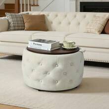 Luxurious Set Of Two Nesting Velvet Stools, 4-In-1 Function, Round Storage Stool With Wooden Shelf, No Assembly Required, Beige (58 Cm X 58 Cm X 38 Cm) - Beige - View 9