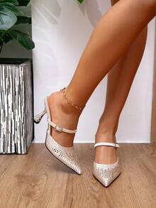 Women's Rhinestone Single-Strap Niche Stiletto Sandals, Spicy Pointed Toe High Heels, Glamorous Open-Toe Slip-On Mules, Comfortable Non-Slip Buckle Shoes For Commuting - Champagne - View 7