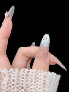 10片可爱粉色豹纹腮红法式猫眼美甲蝴蝶结手工亚克力按压式假指甲，长杏仁形，附赠果冻胶和指甲锉，DIY美甲用品，适合情人节、音乐节、学校旅行等场合。手工按压式假指甲 - 彩色 - 查看 3