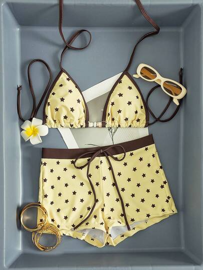 Bộ bikini 2 mảnh dành cho nữ - Họa tiết ngôi sao với viền trơn, áo ngực tam giác buộc dây qua cổ (đính hạt cườm), quần đùi cạp cao, đồ đi biển mùa hè thanh lịch, áo tắm hai dây dành cho nữ cho kỳ nghỉ hè ở bãi biển.