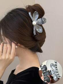 1件装女士艺术复古油画纹理花朵发夹新款珍珠发夹圆盘鲨鱼夹发爪头饰发饰 - 彩色 - 查看 9