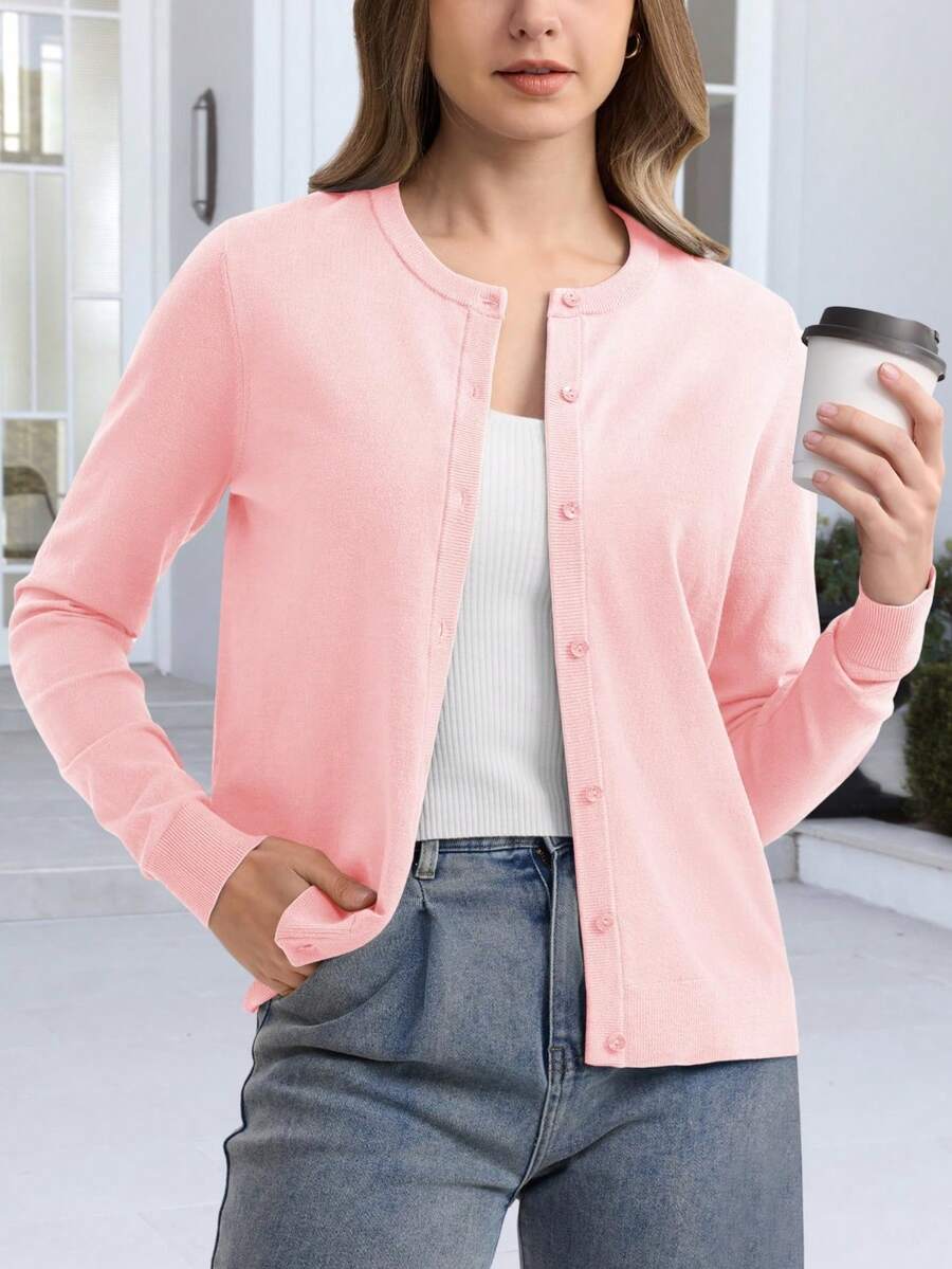 Women's Knit Cardigan Sweater Casual Lightweight Crew Neck Long Sleeve Open Front Cardigan - Baby Pink - View 1
