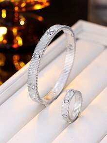 1 Set Minimalist Striped Micro-Inlaid Zirconia Bracelet & Ring Set, Luxury Niche Design Delicate Jewelry Accessories - Bracelet Ring Set - View 7
