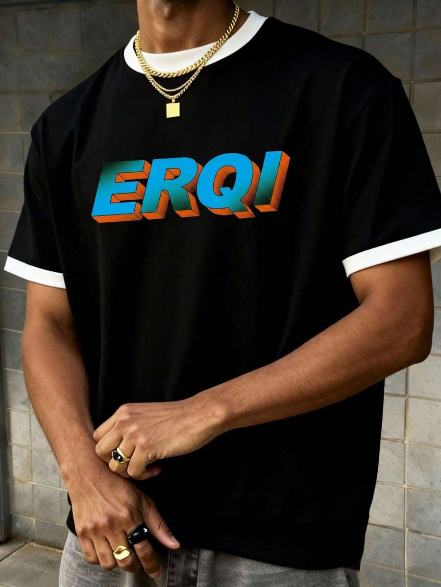 Camiseta de manga corta con bloques de color para hombres, estampado minimalista de la letra y el icono "ITALIA", estilo casual, deportivo y urbano - Negro - Ver 1