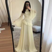 1Pcs Women's New Pure And Alluring High-End Round Neck Slim Fit Long Sleeve Dress - 淡黃色 - 查看 1