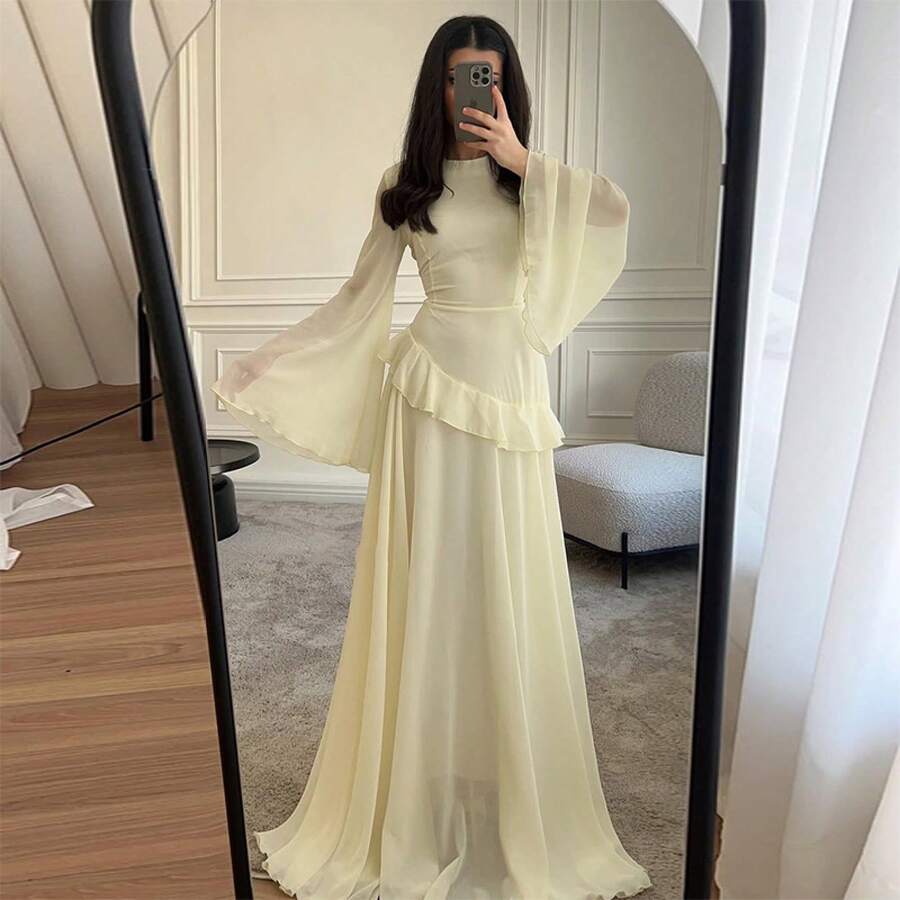 1Pcs Women's New Pure And Alluring High-End Round Neck Slim Fit Long Sleeve Dress - 淡黃色 - 查看 1