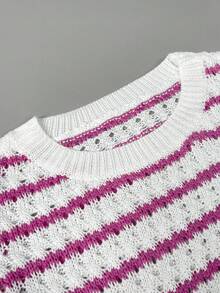 Women's Crochet Striped Knit Sleeveless Top, Lightweight Round Neck Ruffle Hem Short Sleeve Blouse Pink Summer - Pink - View 9