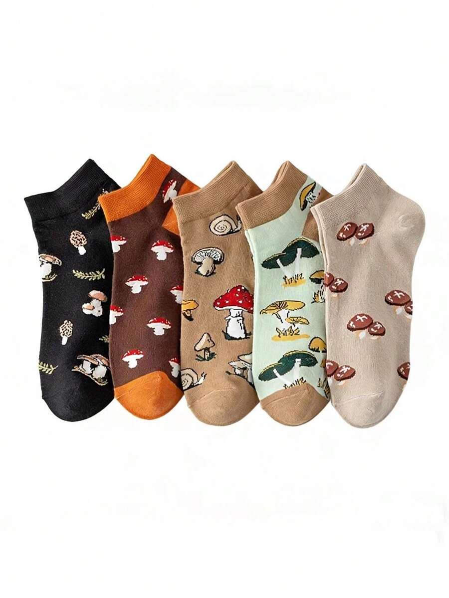 5 Pairs Women's Spring/Autumn Short Socks, Unique Mushroom Cartoon Crew Socks, Low-Cut Transparent Boat Socks - Multicolor - View 1